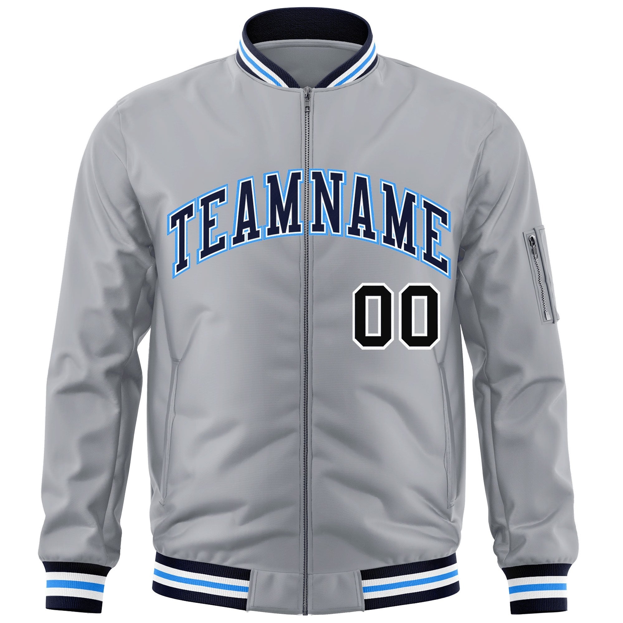 Custom Gray Navy-Powder Blue Varsity Full-Zip Letterman Bomber Jacket