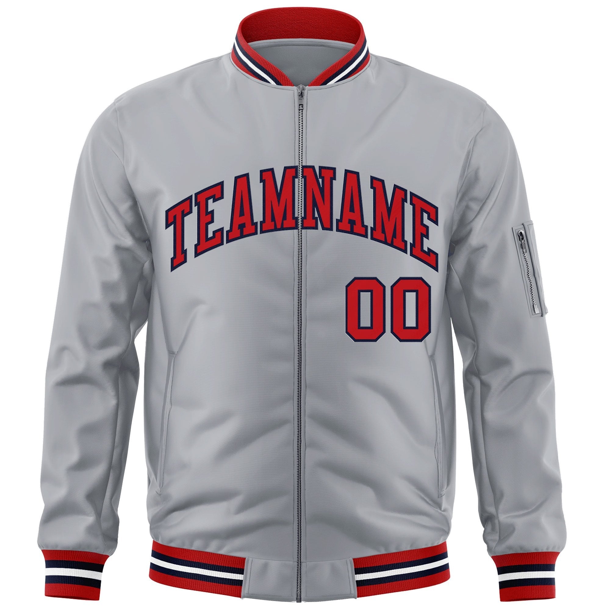 Custom Gray Red-Navy Varsity Full-Zip Letterman Bomber Jacket