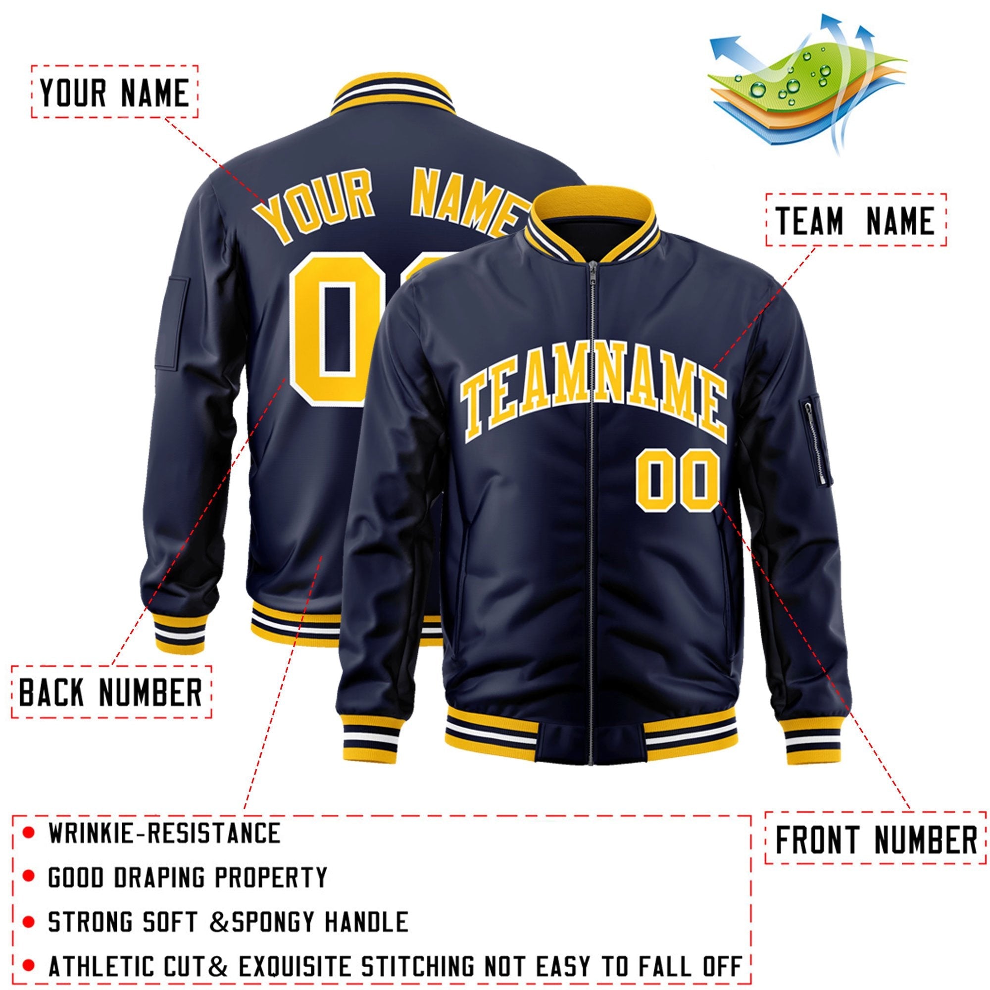 Custom Navy Gold-White Varsity Full-Zip Letterman Bomber Jacket