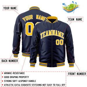 Custom Navy Gold-White Varsity Full-Zip Letterman Bomber Jacket