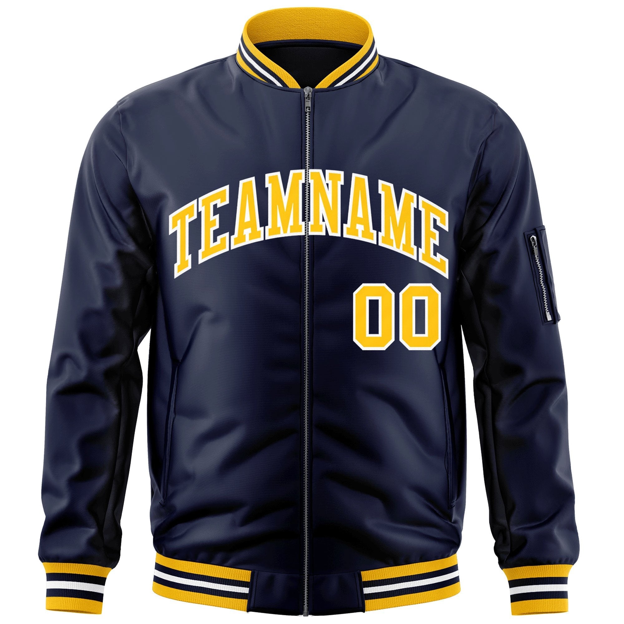 Custom Navy Gold-White Varsity Full-Zip Letterman Bomber Jacket