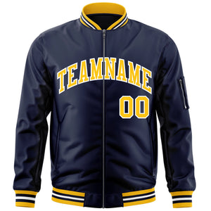 Custom Navy Gold-White Varsity Full-Zip Letterman Bomber Jacket