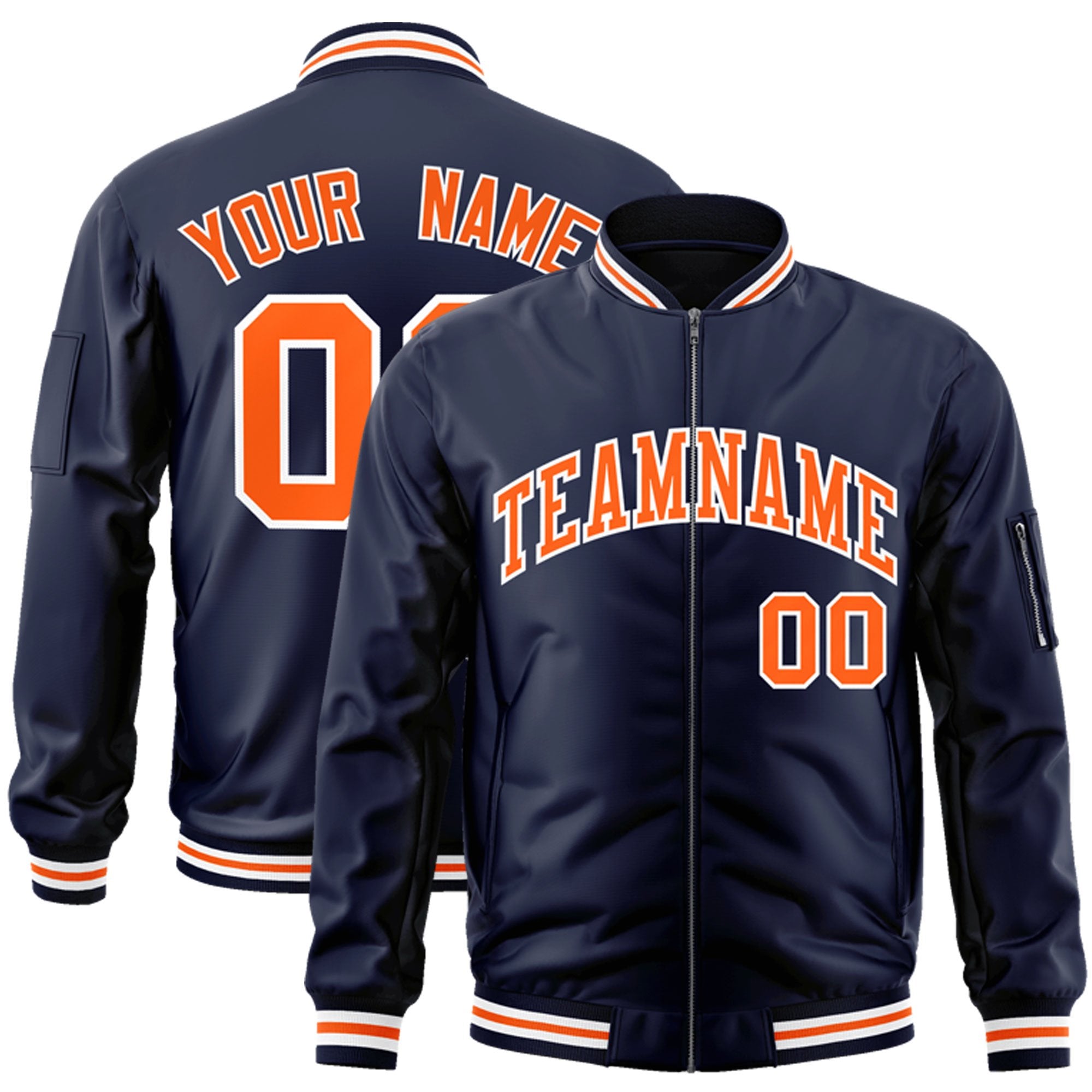 Custom Navy Orange-White Varsity Full-Zip Letterman Bomber Jacket