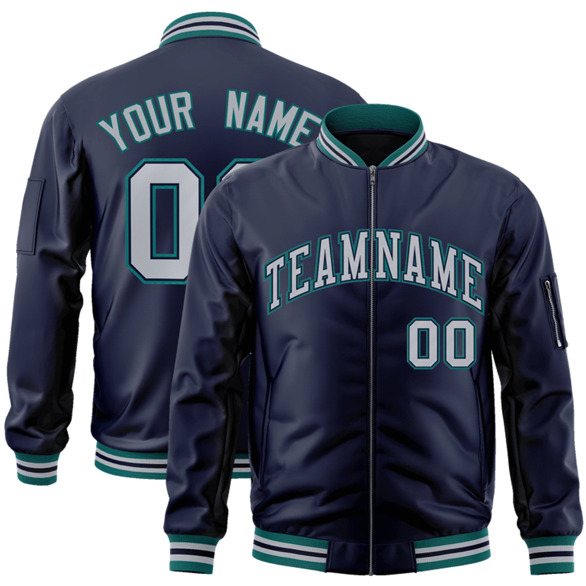 Custom Navy Gray-Aqua Varsity Full-Zip Letterman Bomber Jacket