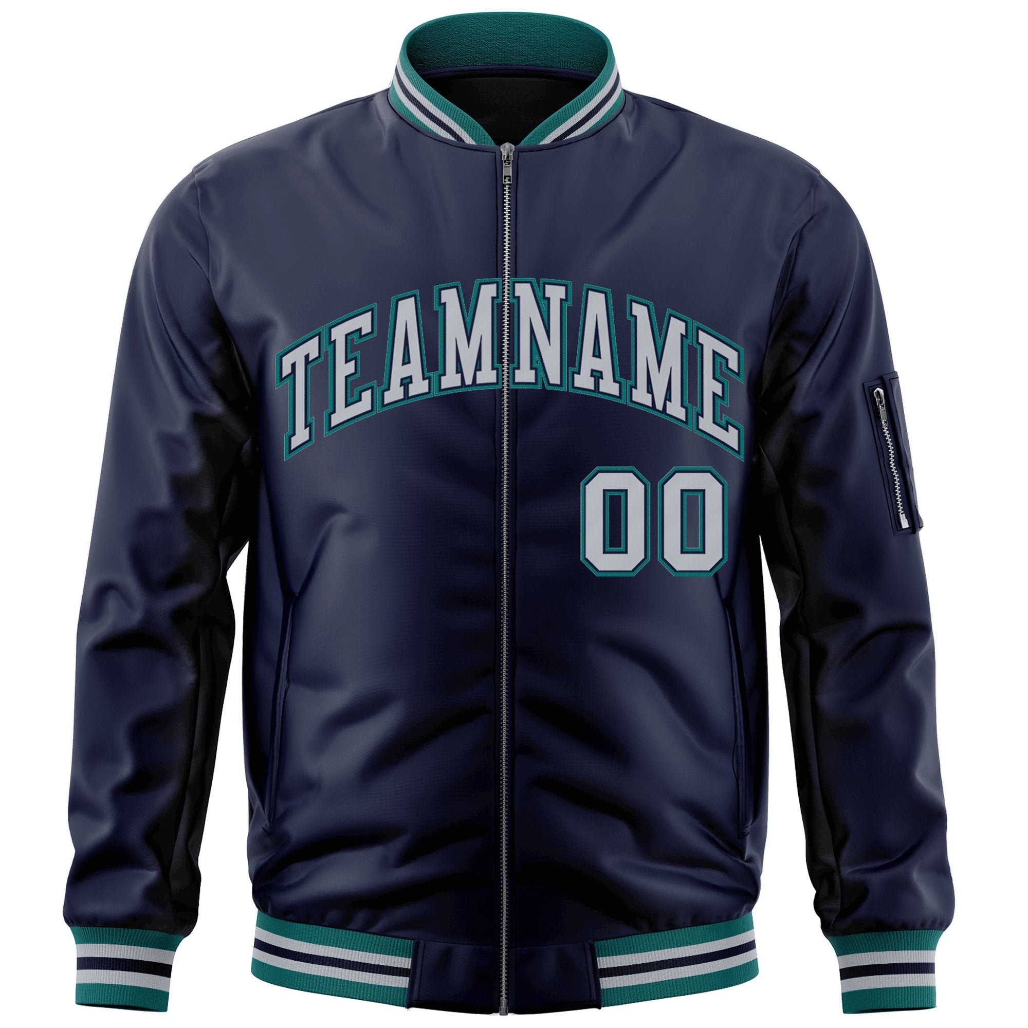 Custom Navy Gray-Aqua Varsity Full-Zip Letterman Bomber Jacket