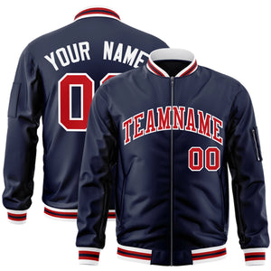 Custom Navy Red-White Varsity Full-Zip Letterman Bomber Jacket