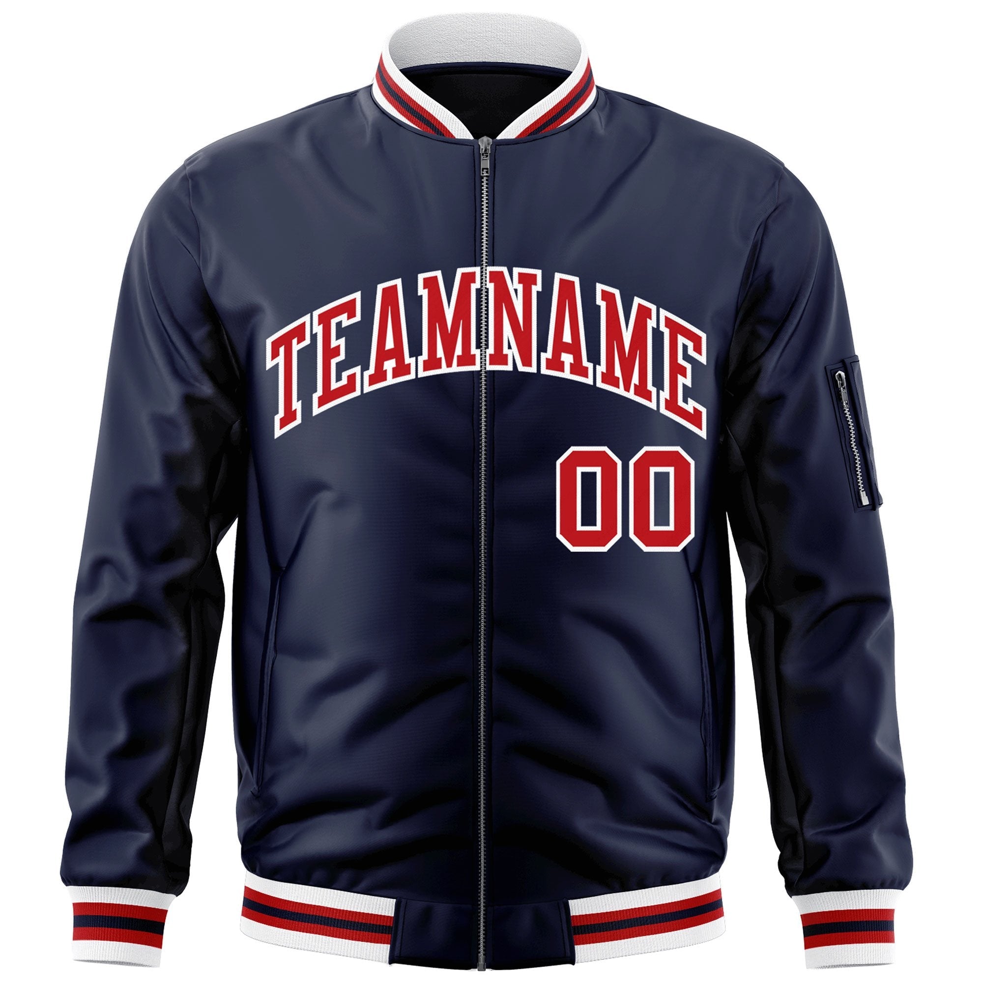 Custom Navy Red-White Varsity Full-Zip Letterman Bomber Jacket