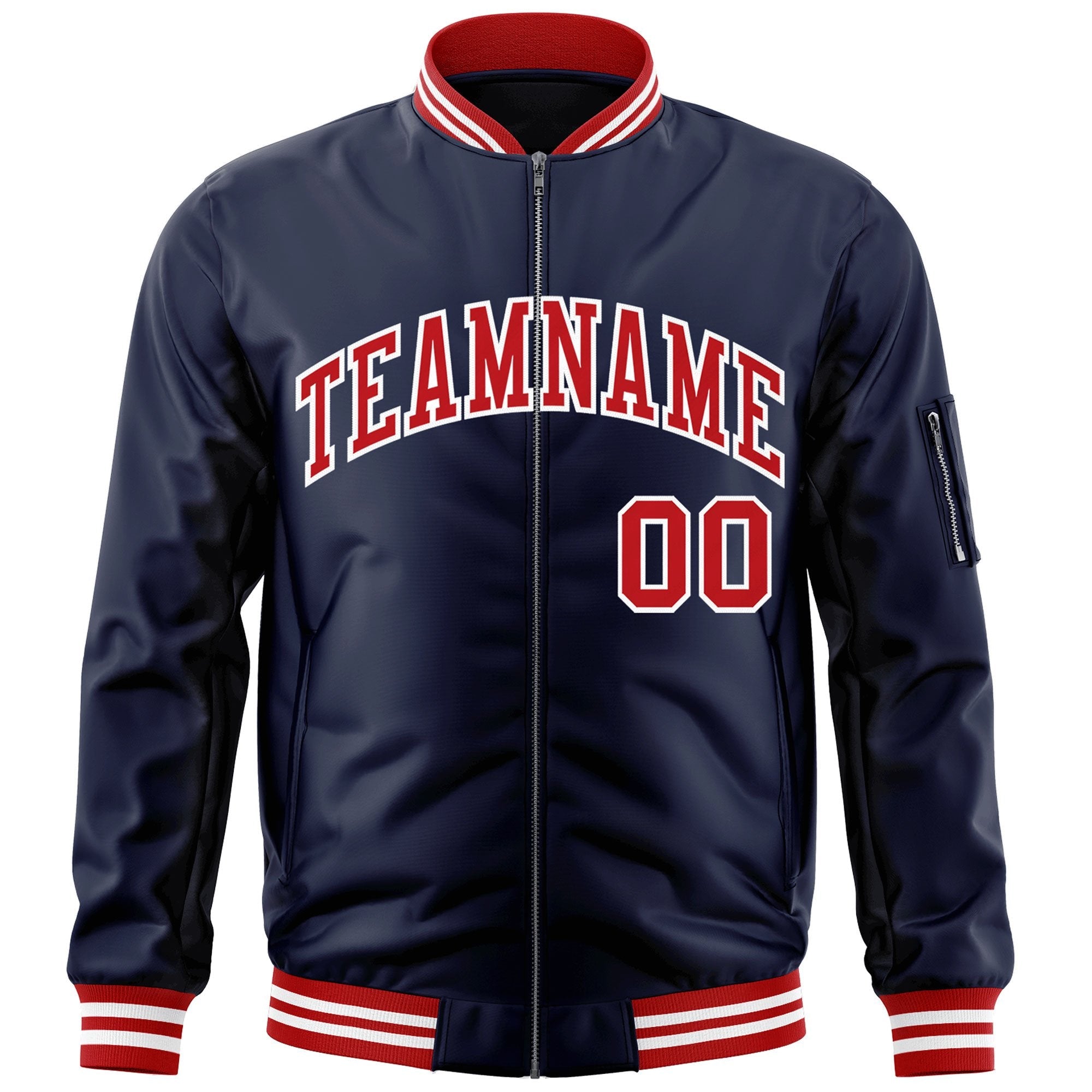 Custom Navy Red-White Varsity Full-Zip Letterman Bomber Jacket