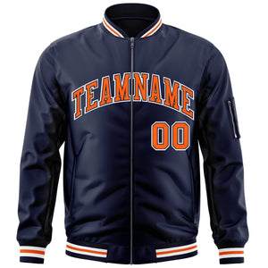 Custom Navy Orange-White Varsity Full-Zip Letterman Bomber Jacket