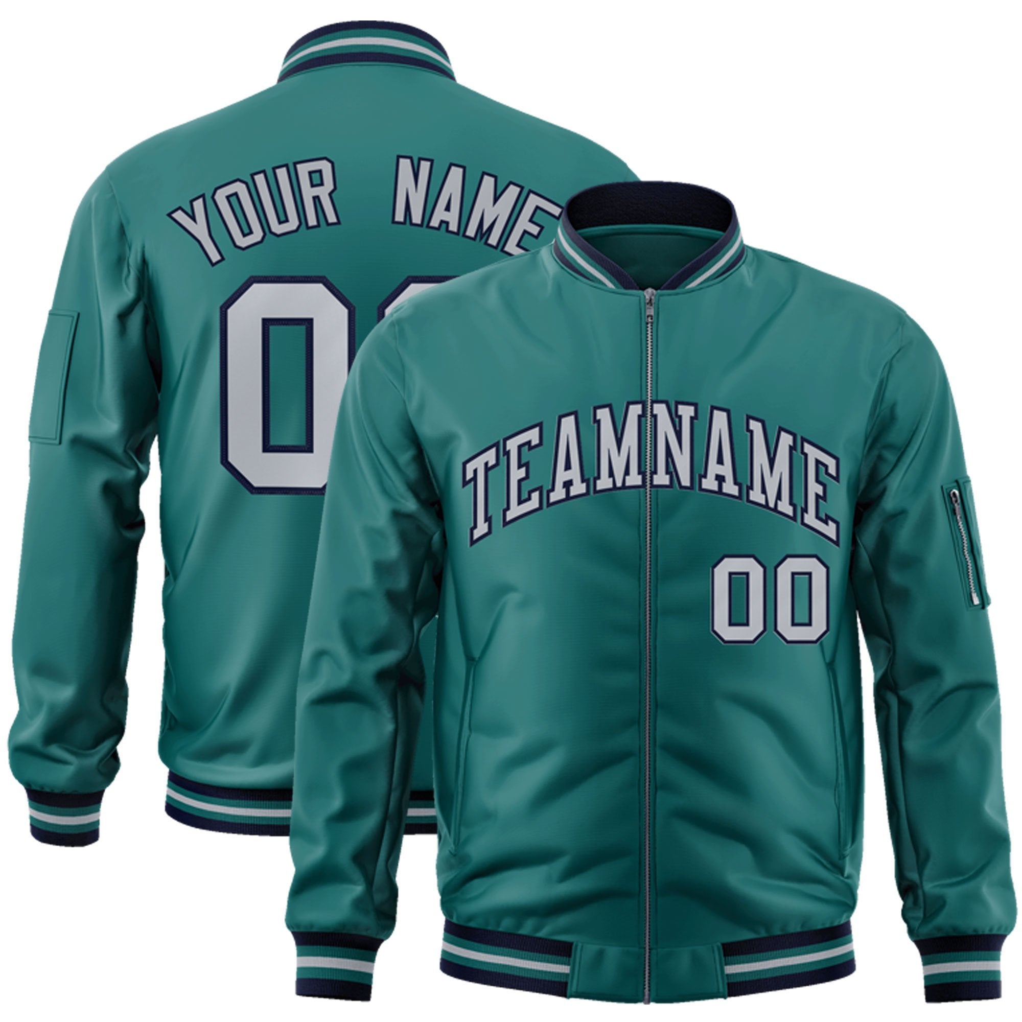 Custom Aqua Gray-Navy Varsity Full-Zip Letterman Bomber Jacket