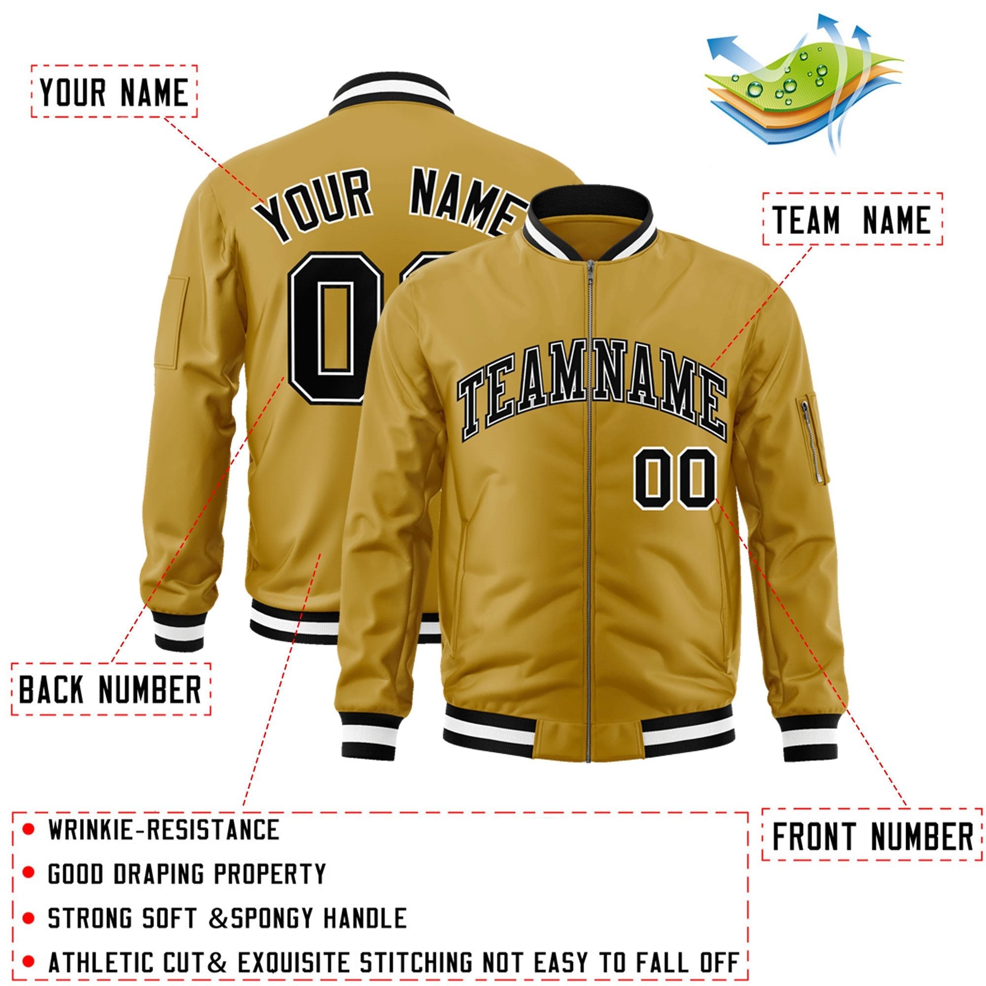 Custom Old Gold Black-White Varsity Full-Zip Letterman Bomber Jacket