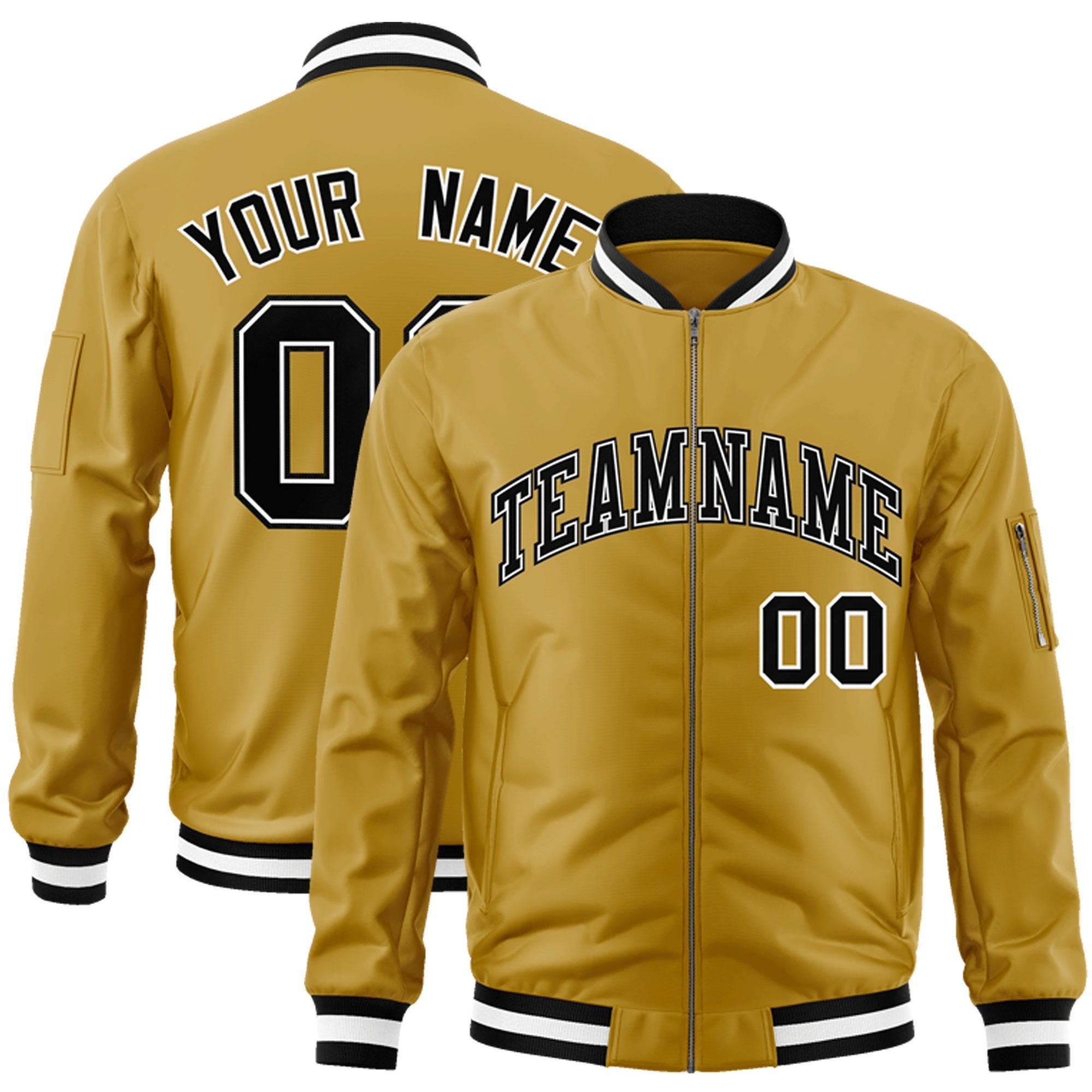 Custom Old Gold Black-White Varsity Full-Zip Letterman Bomber Jacket