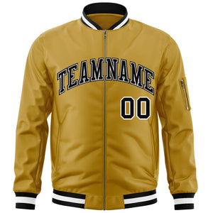 Custom Old Gold Black-White Varsity Full-Zip Letterman Bomber Jacket