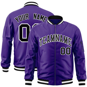 Custom Purple Black-White Varsity Full-Zip Letterman Bomber Jacket