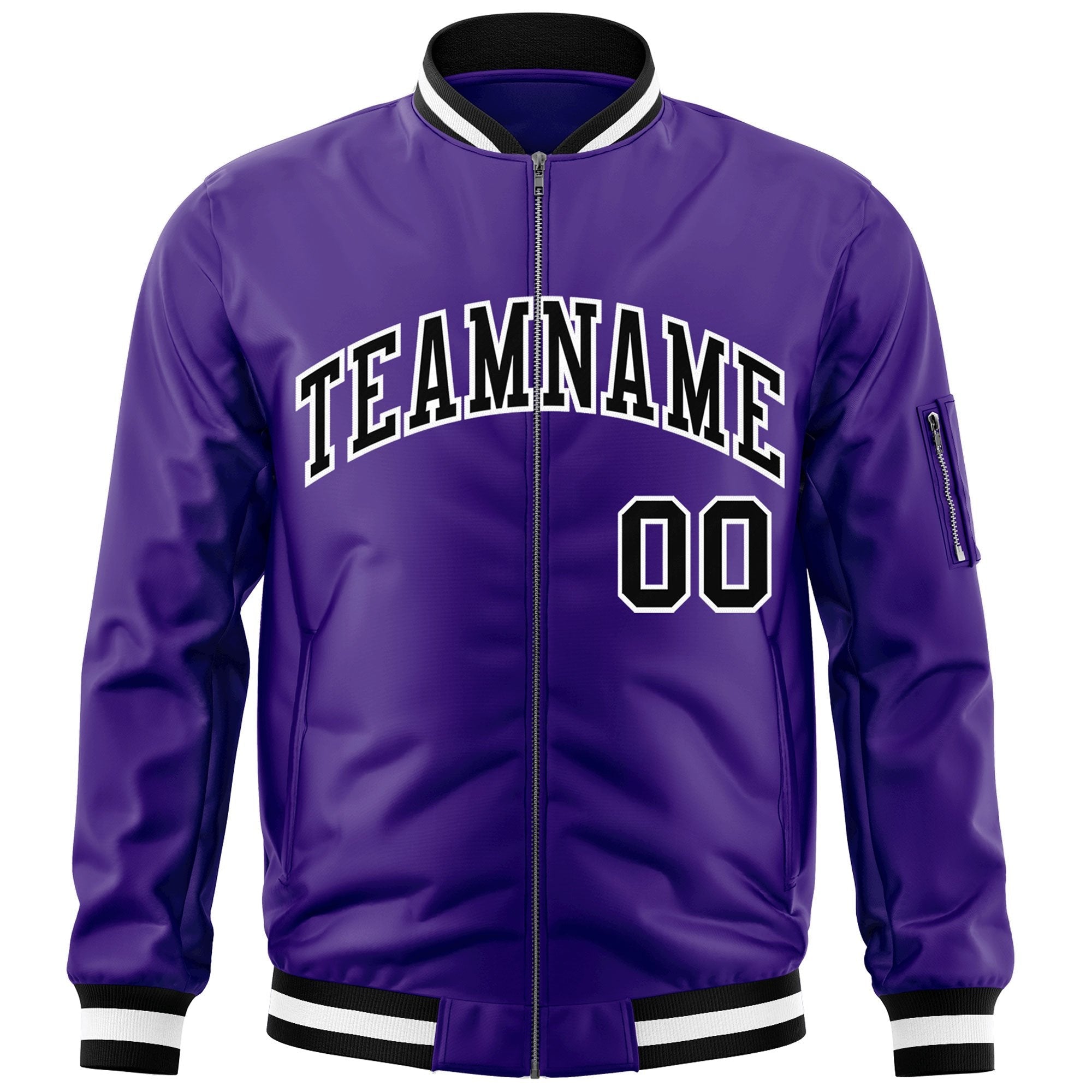 Custom Purple Black-White Varsity Full-Zip Letterman Bomber Jacket