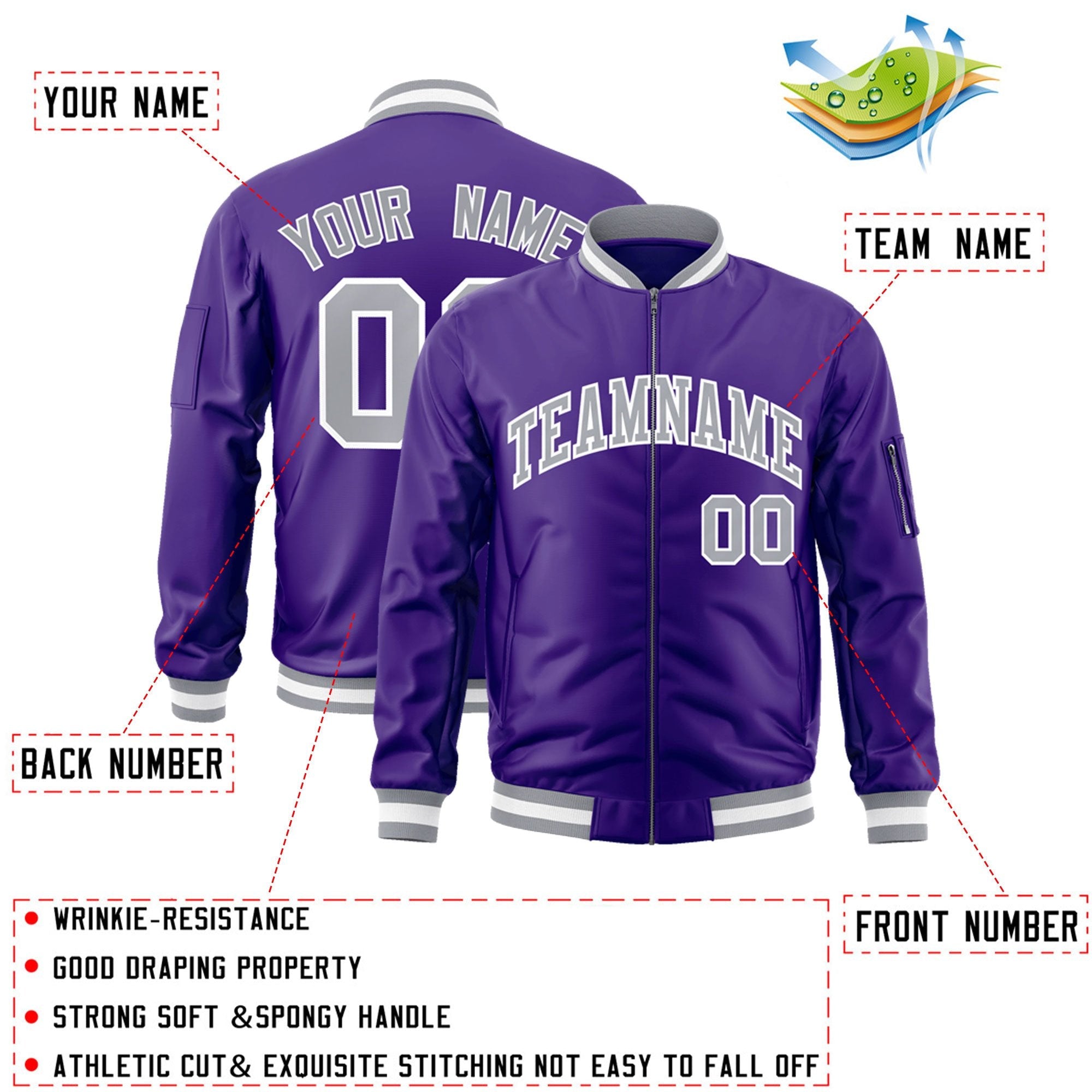 Custom Purple Gray-White Varsity Full-Zip Letterman Bomber Jacket