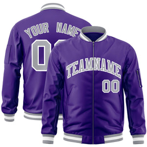 Custom Purple Gray-White Varsity Full-Zip Letterman Bomber Jacket