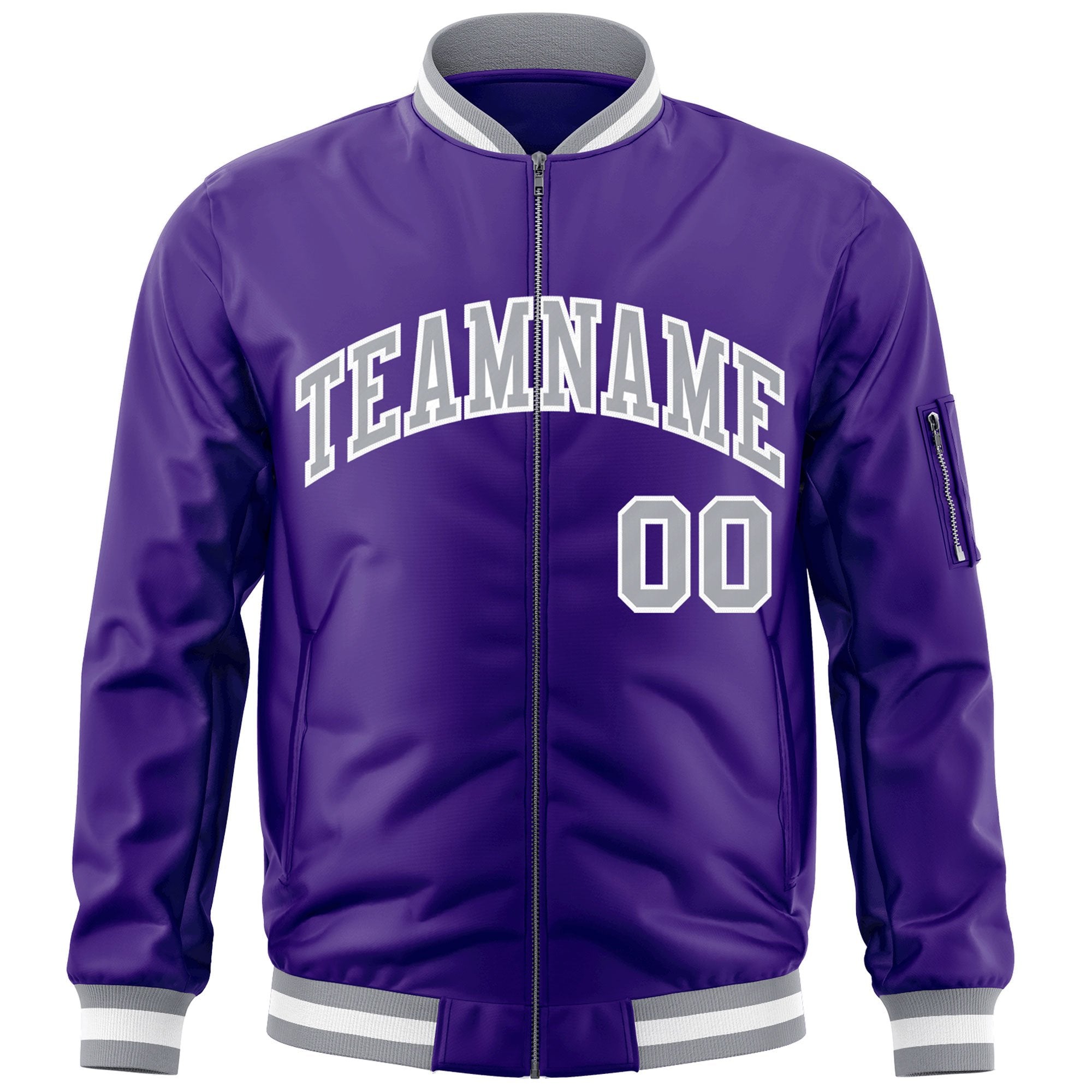 Custom Purple Gray-White Varsity Full-Zip Letterman Bomber Jacket