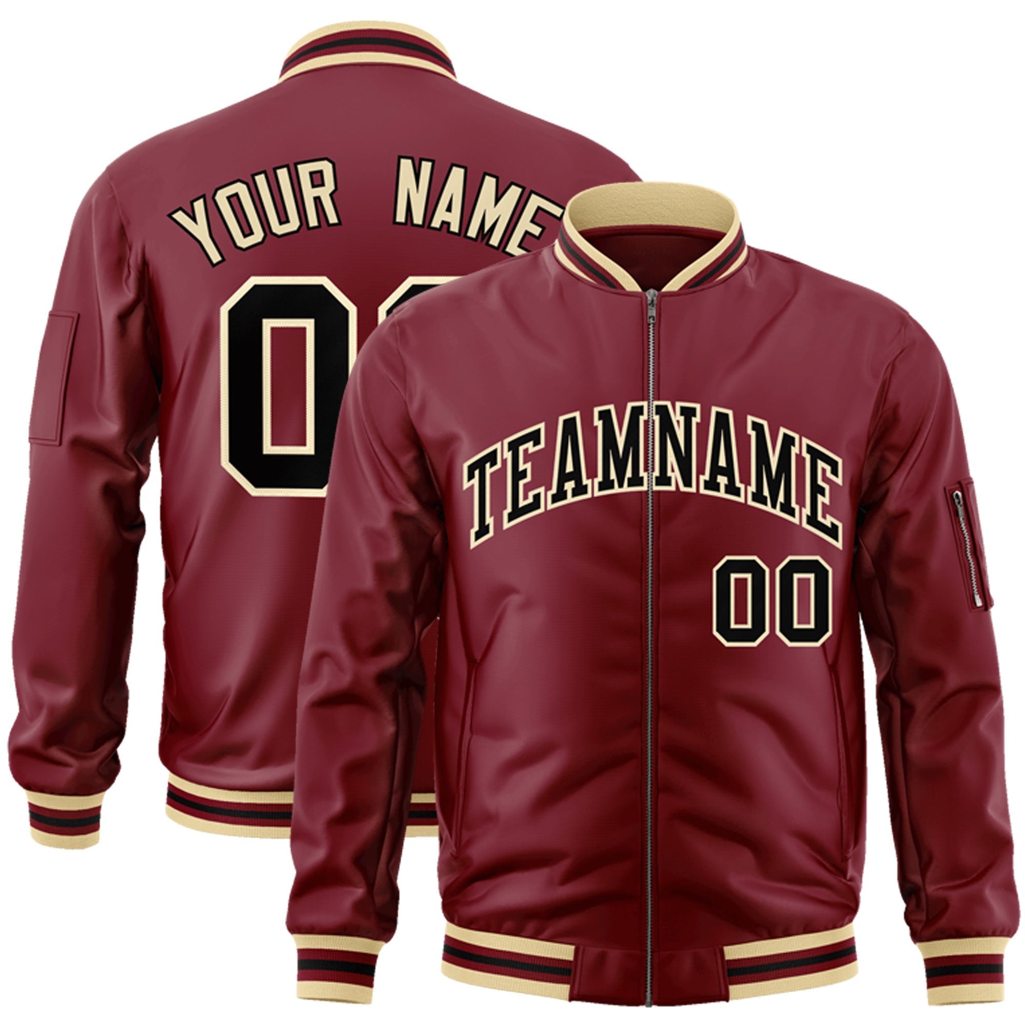 Custom Crimson Black-Khaki Varsity Full-Zip Letterman Bomber Jacket