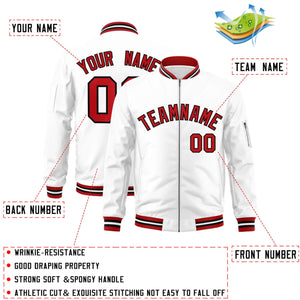 Custom White Red-Black Varsity Full-Zip Letterman Bomber Jacket