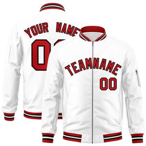 Custom White Red-Black Varsity Full-Zip Letterman Bomber Jacket