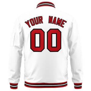 Custom White Red-Black Varsity Full-Zip Letterman Bomber Jacket