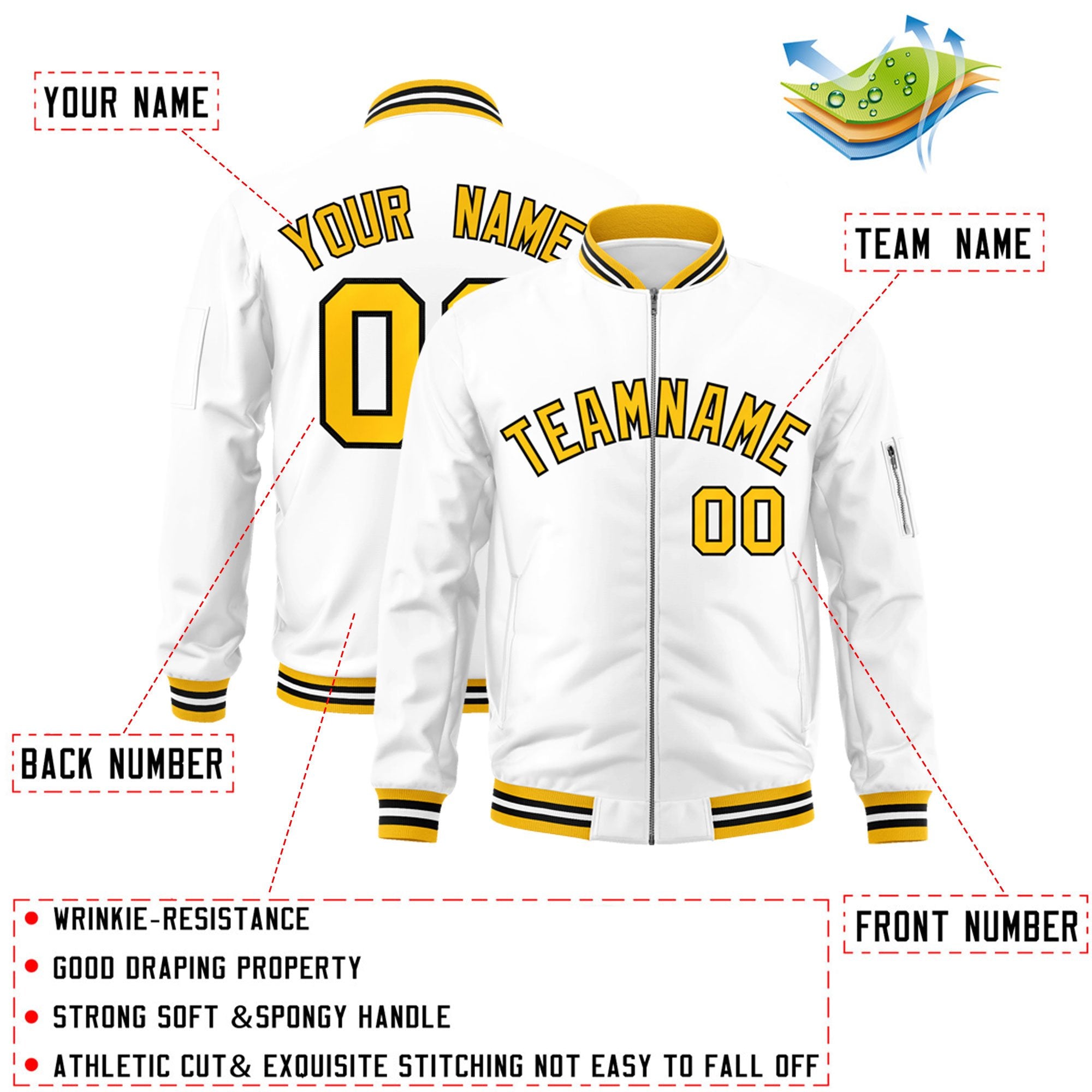 Custom White Yellow-Black Varsity Full-Zip Letterman Bomber Jacket