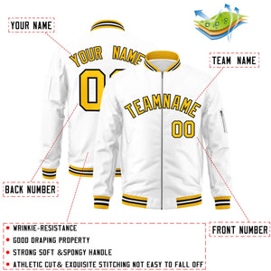 Custom White Yellow-Black Varsity Full-Zip Letterman Bomber Jacket