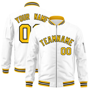 Custom White Yellow-Black Varsity Full-Zip Letterman Bomber Jacket