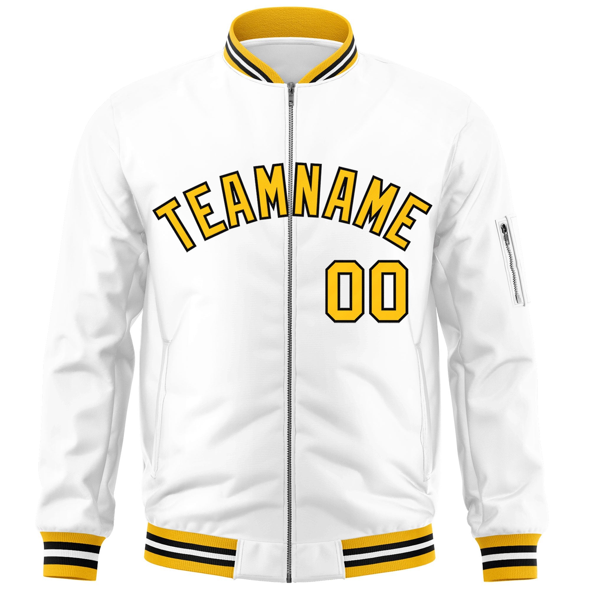 Custom White Yellow-Black Varsity Full-Zip Letterman Bomber Jacket