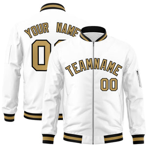 Custom White Old Gold-Black Varsity Full-Zip Letterman Bomber Jacket