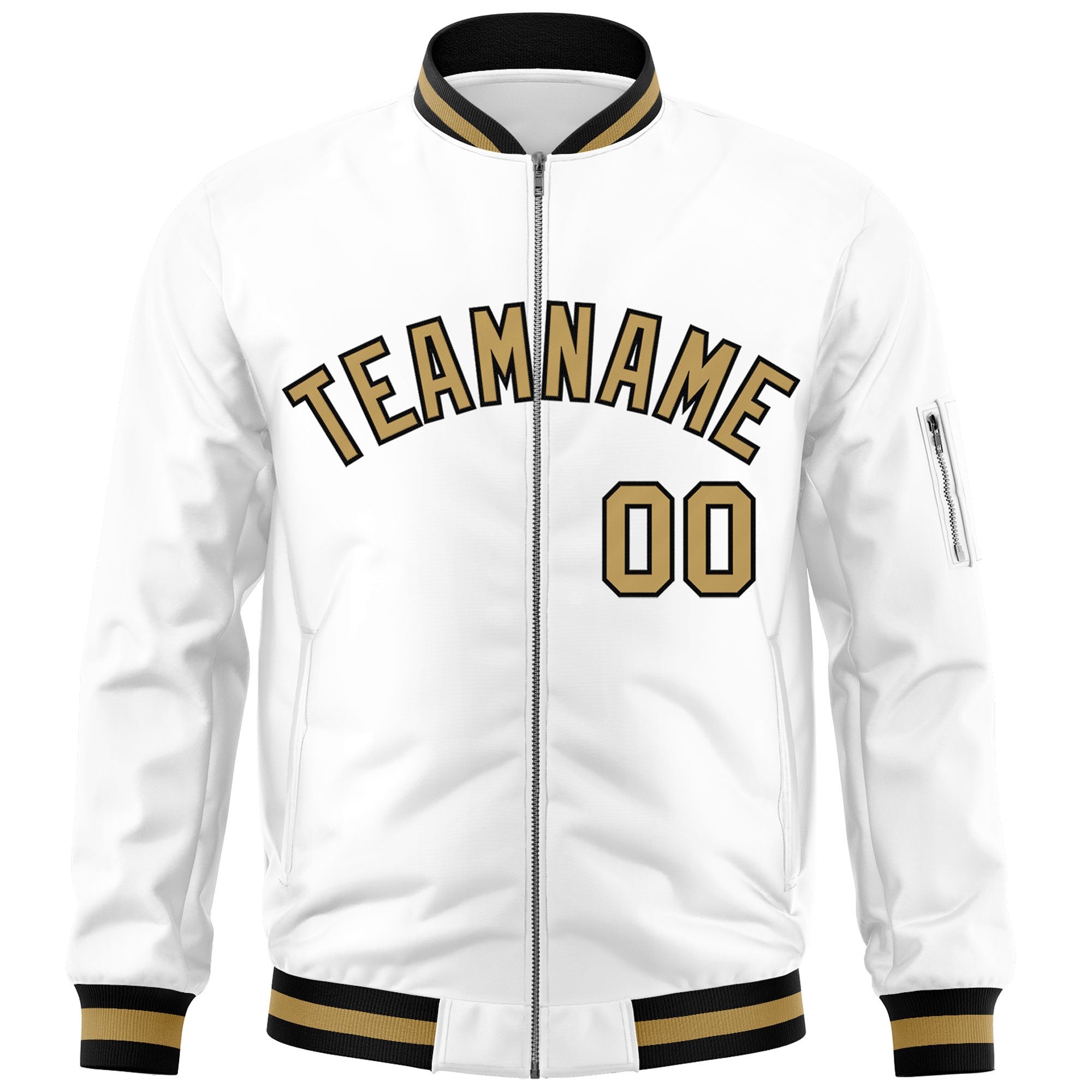 Custom White Old Gold-Black Varsity Full-Zip Letterman Bomber Jacket