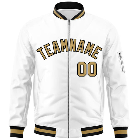 Custom White Old Gold-Black Varsity Full-Zip Letterman Bomber Jacket