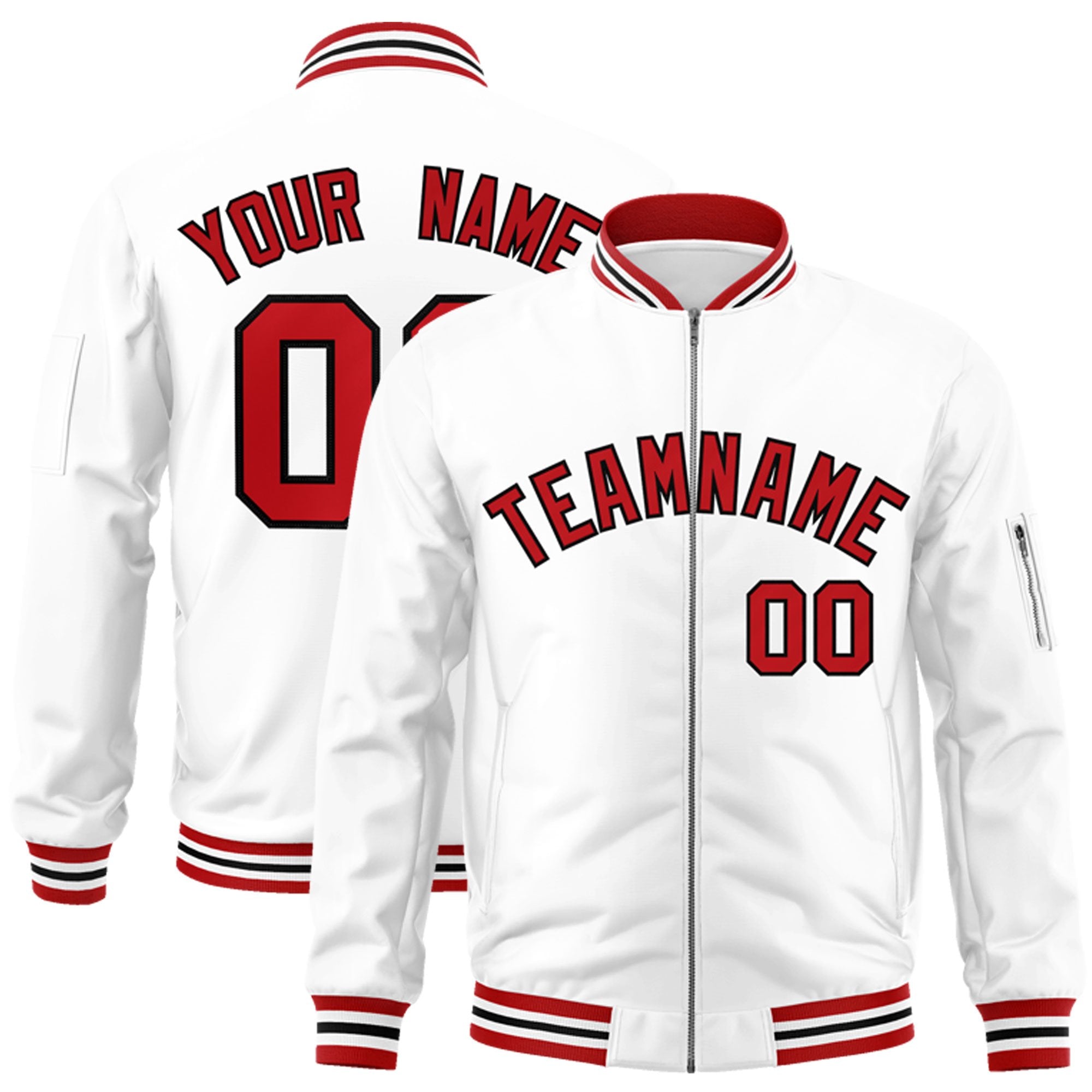 Custom White Red-Black Varsity Full-Zip Letterman Bomber Jacket