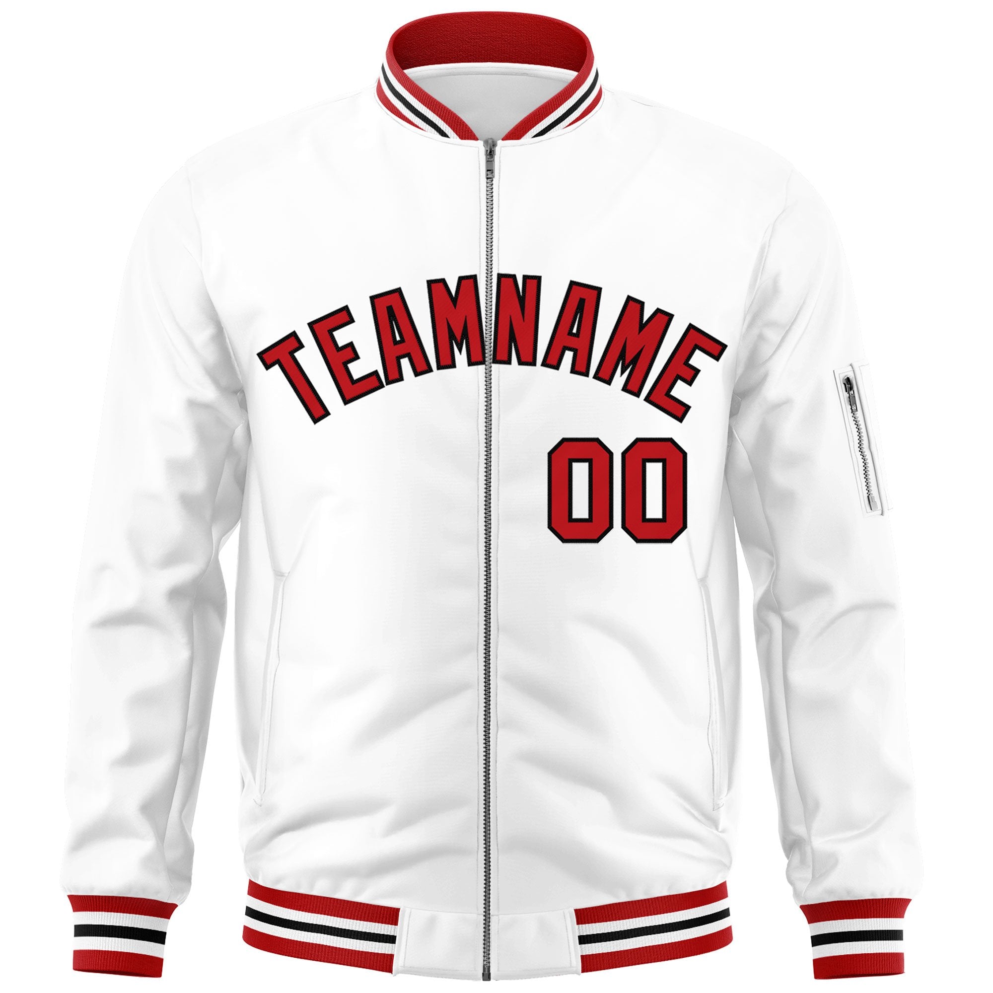 Custom White Red-Black Varsity Full-Zip Letterman Bomber Jacket