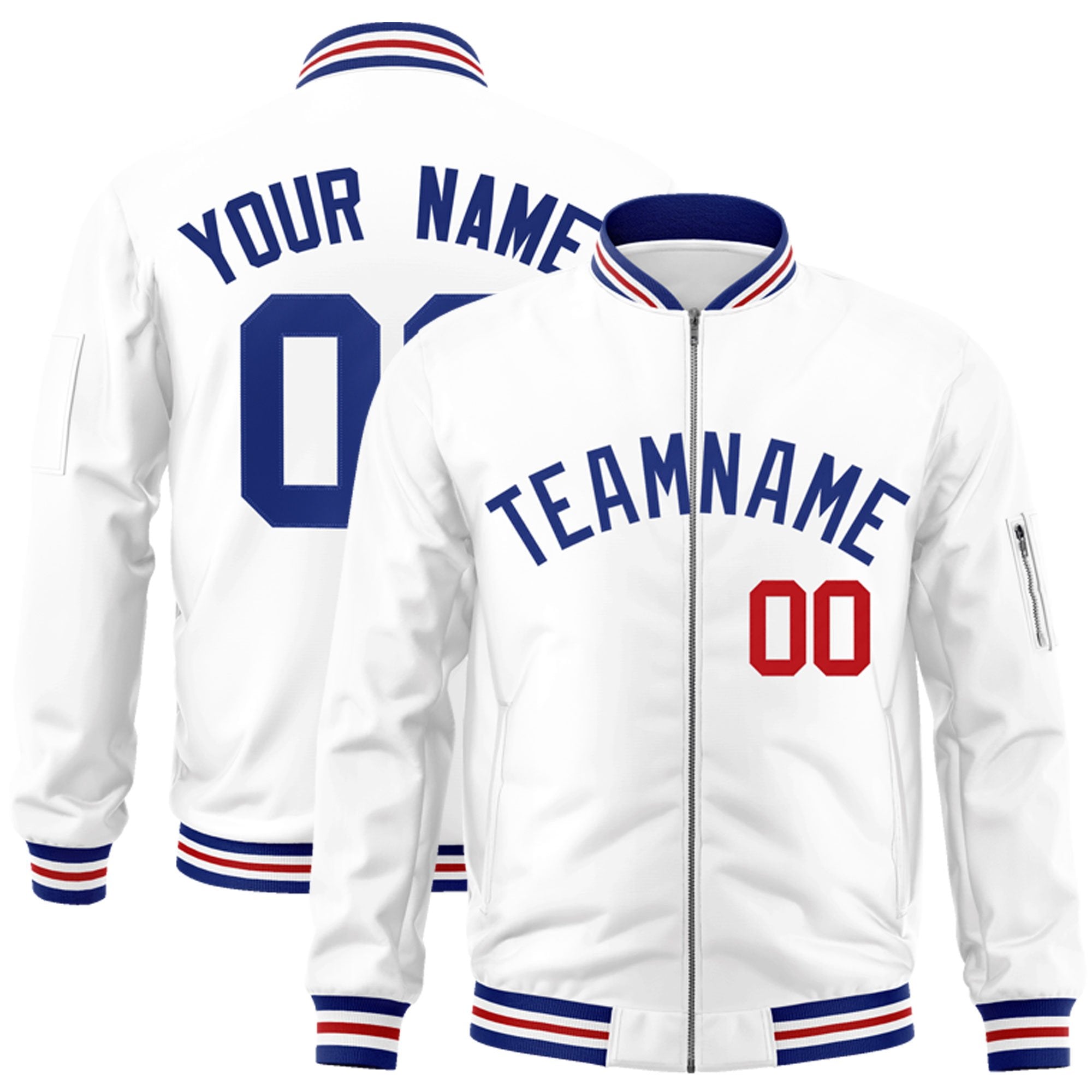 Custom White Royal Varsity Full-Zip Letterman Bomber Jacket