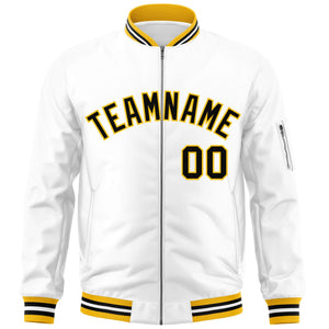 Custom White Black-Gold Varsity Full-Zip Letterman Bomber Jacket