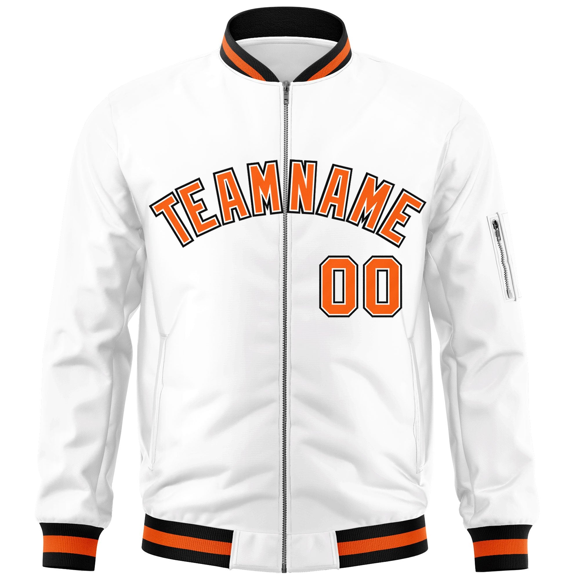 Custom White Orange-Black Varsity Full-Zip Letterman Bomber Jacket