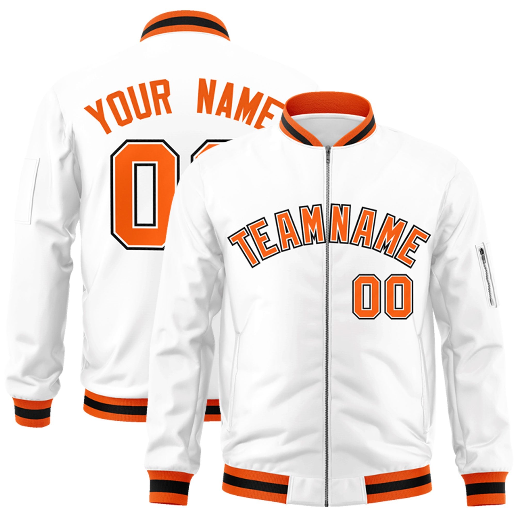 Custom White Orange-Black Varsity Full-Zip Letterman Bomber Jacket