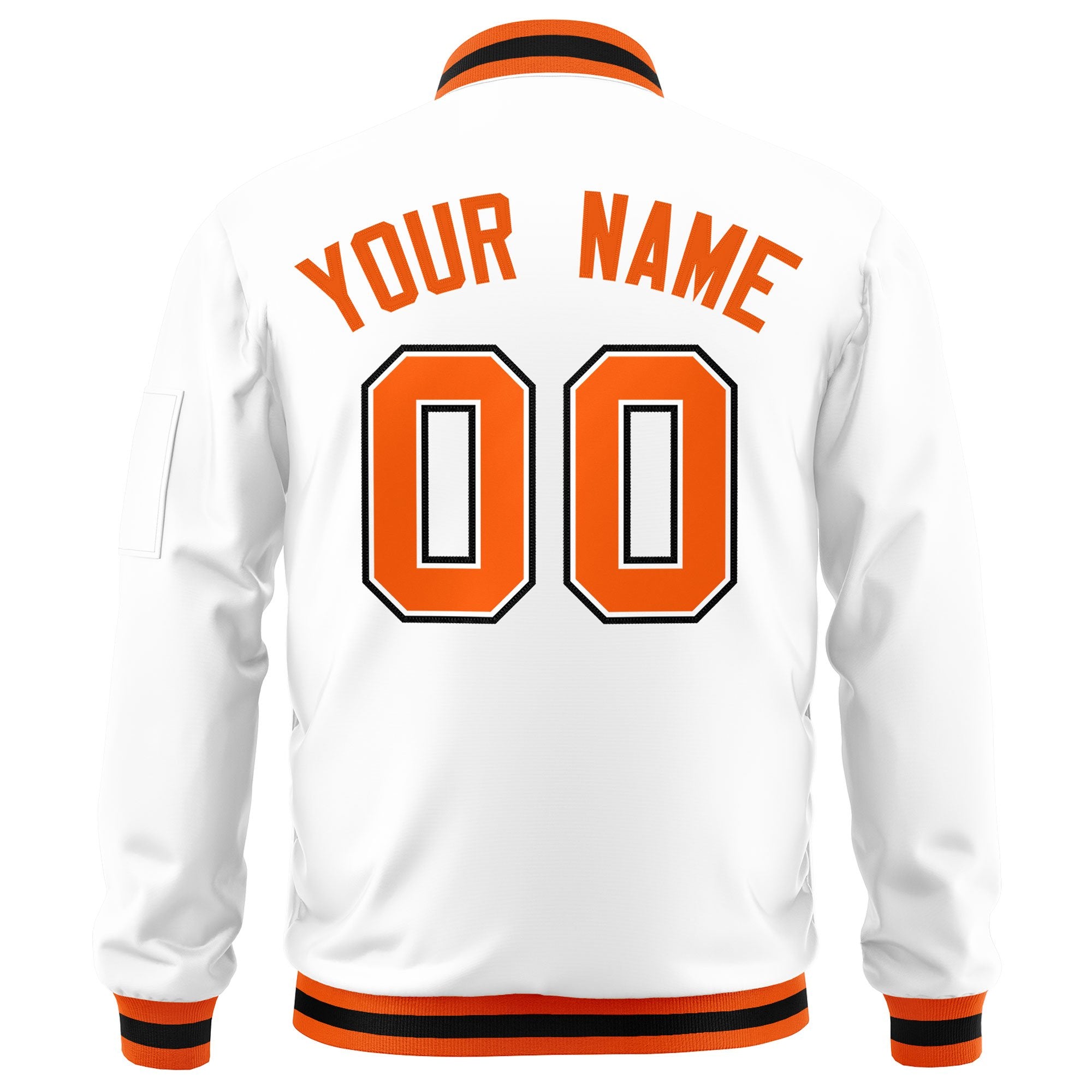 Custom White Orange-Black Varsity Full-Zip Letterman Bomber Jacket