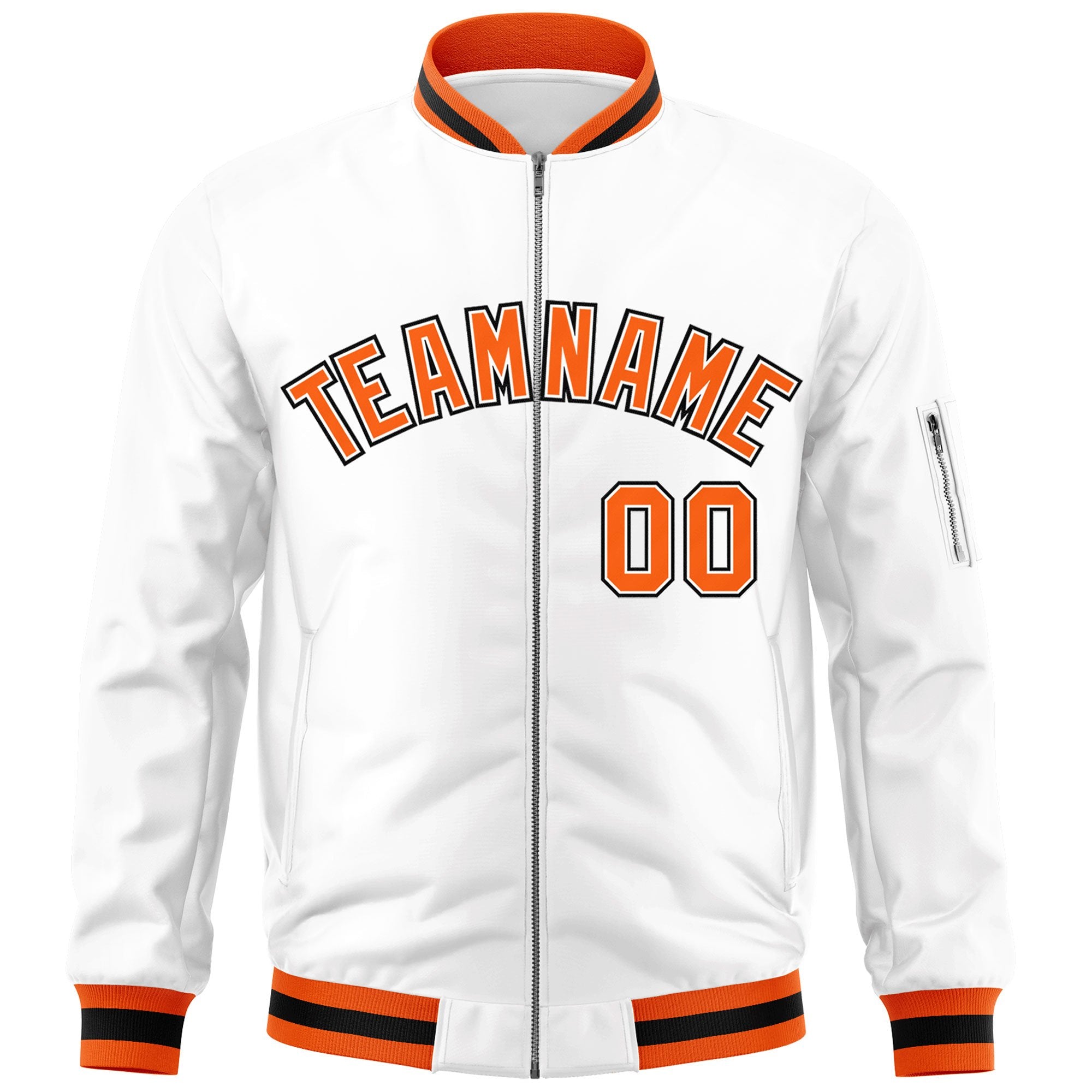 Custom White Orange-Black Varsity Full-Zip Letterman Bomber Jacket