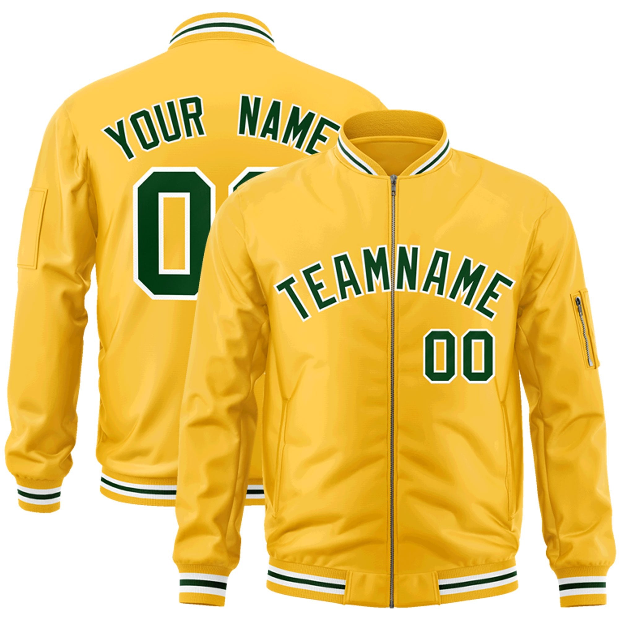 Custom Gold Green-White Varsity Full-Zip Letterman Bomber Jacket