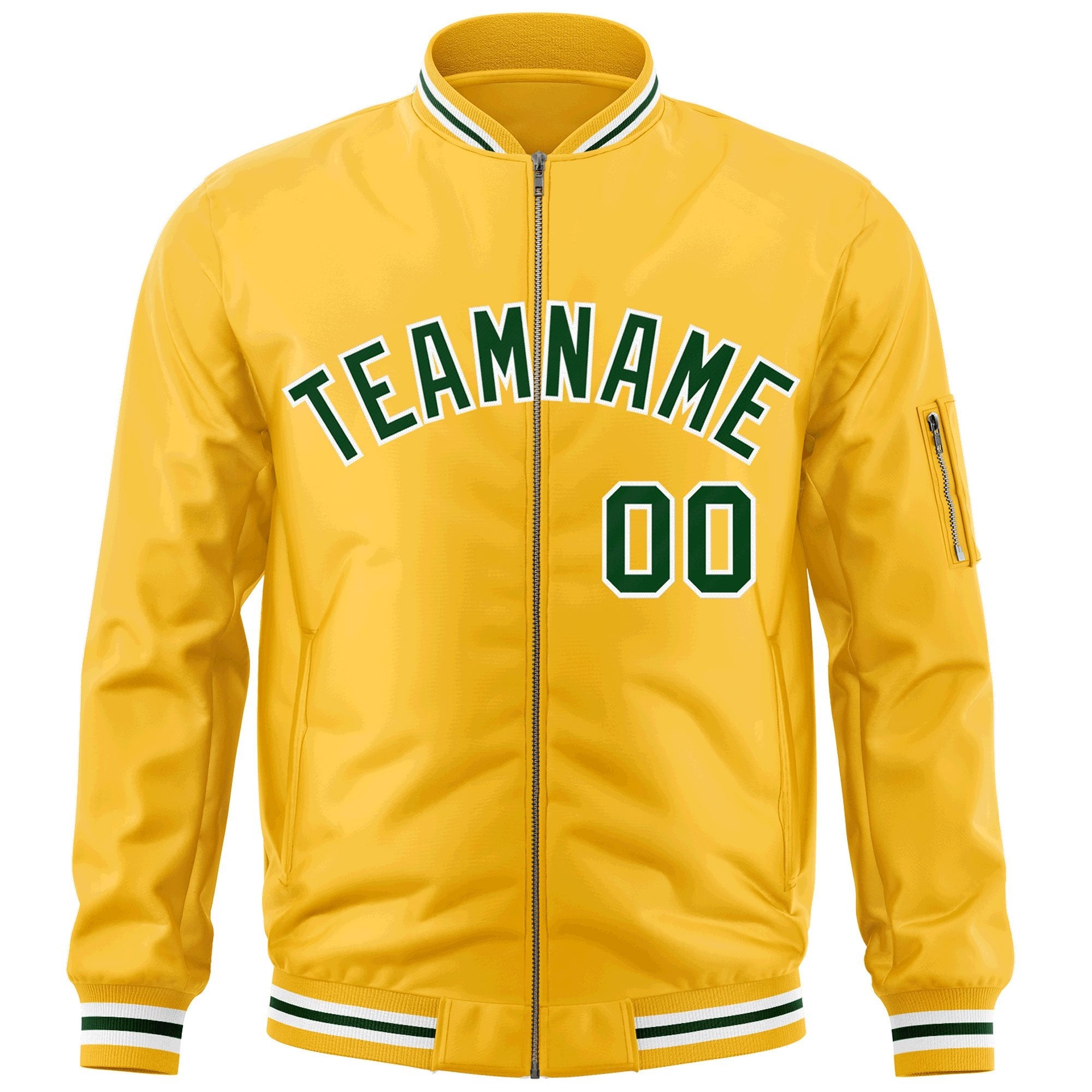 Custom Gold Green-White Varsity Full-Zip Letterman Bomber Jacket