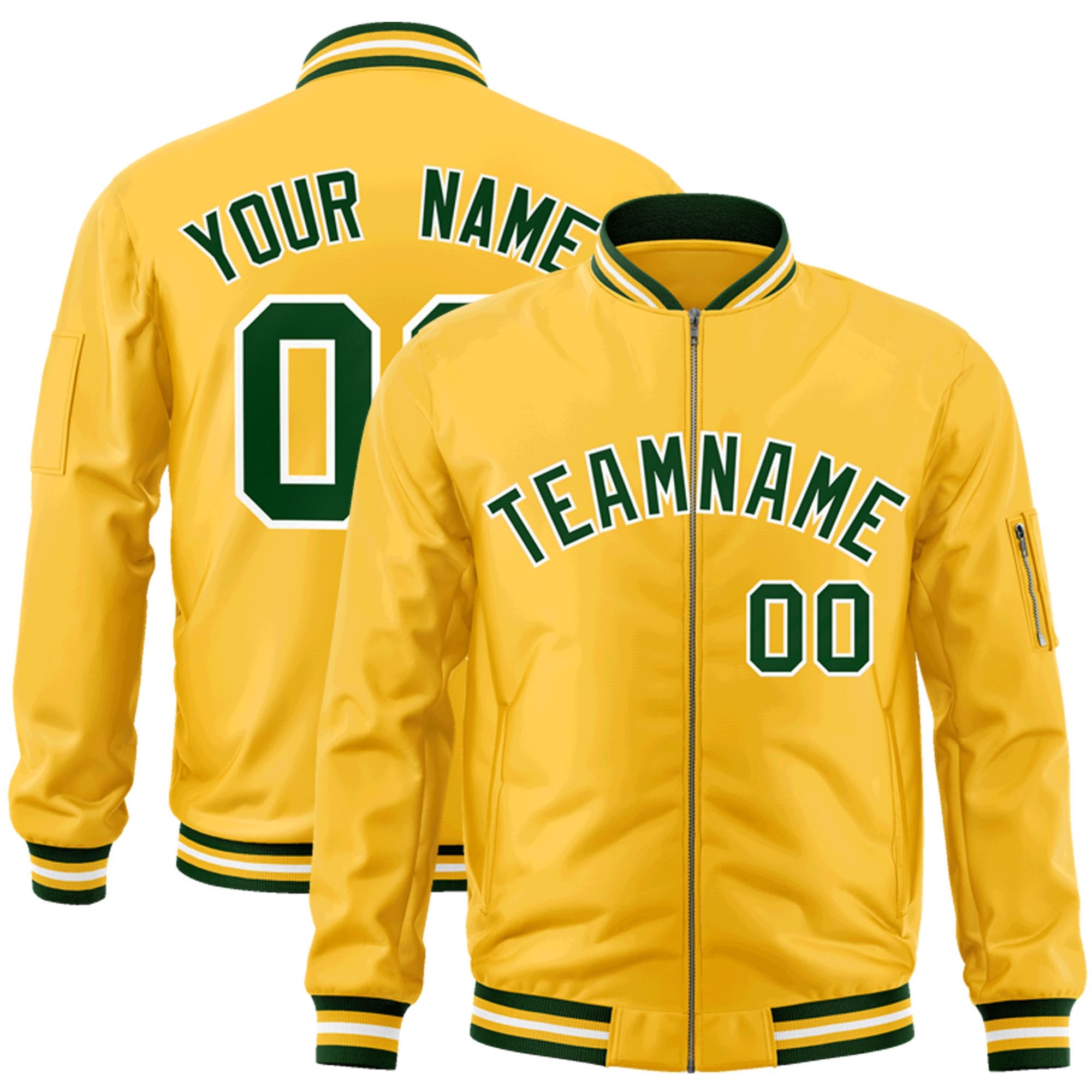 Custom Gold Green-White Varsity Full-Zip Letterman Bomber Jacket