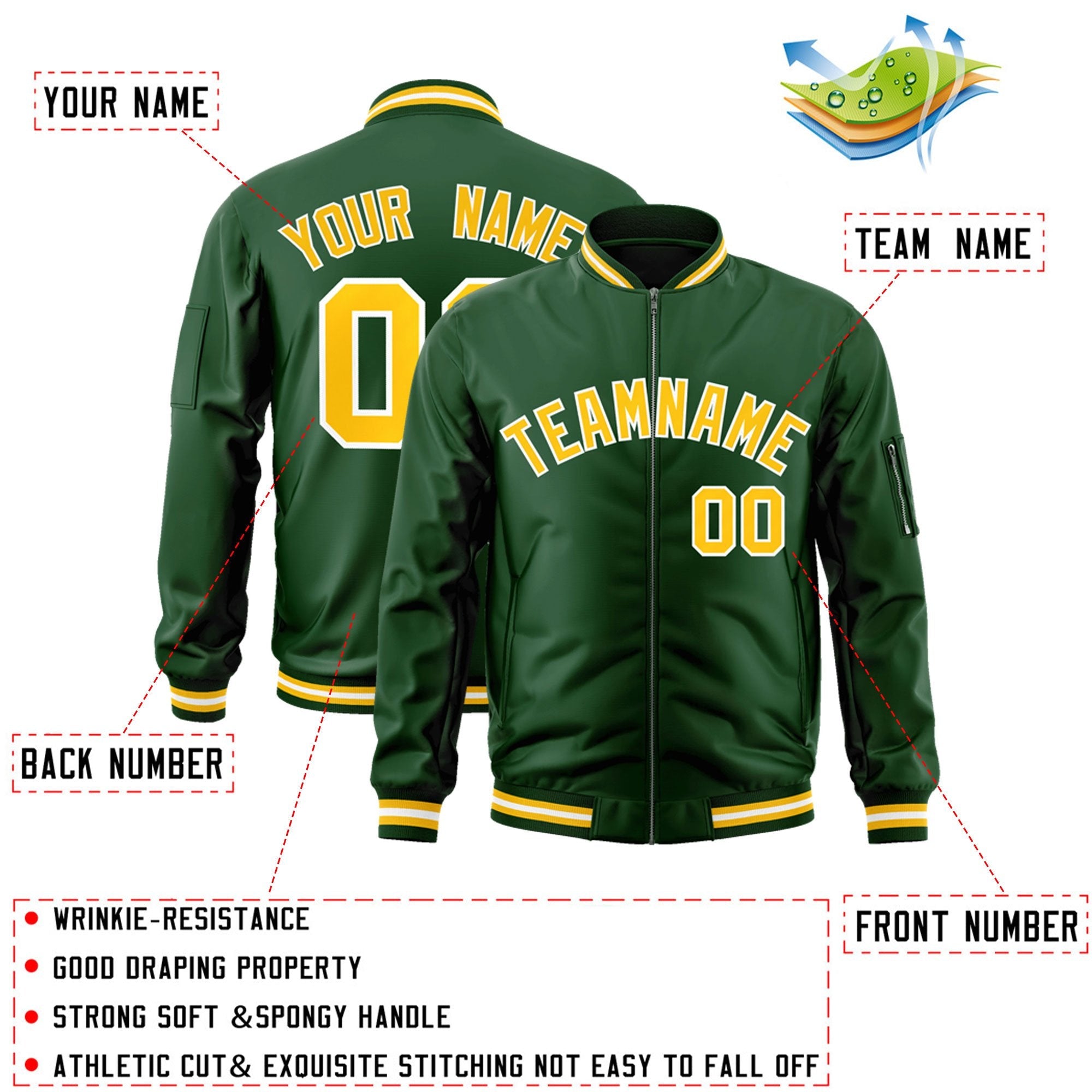 Custom Green Gold-White Varsity Full-Zip Letterman Bomber Jacket