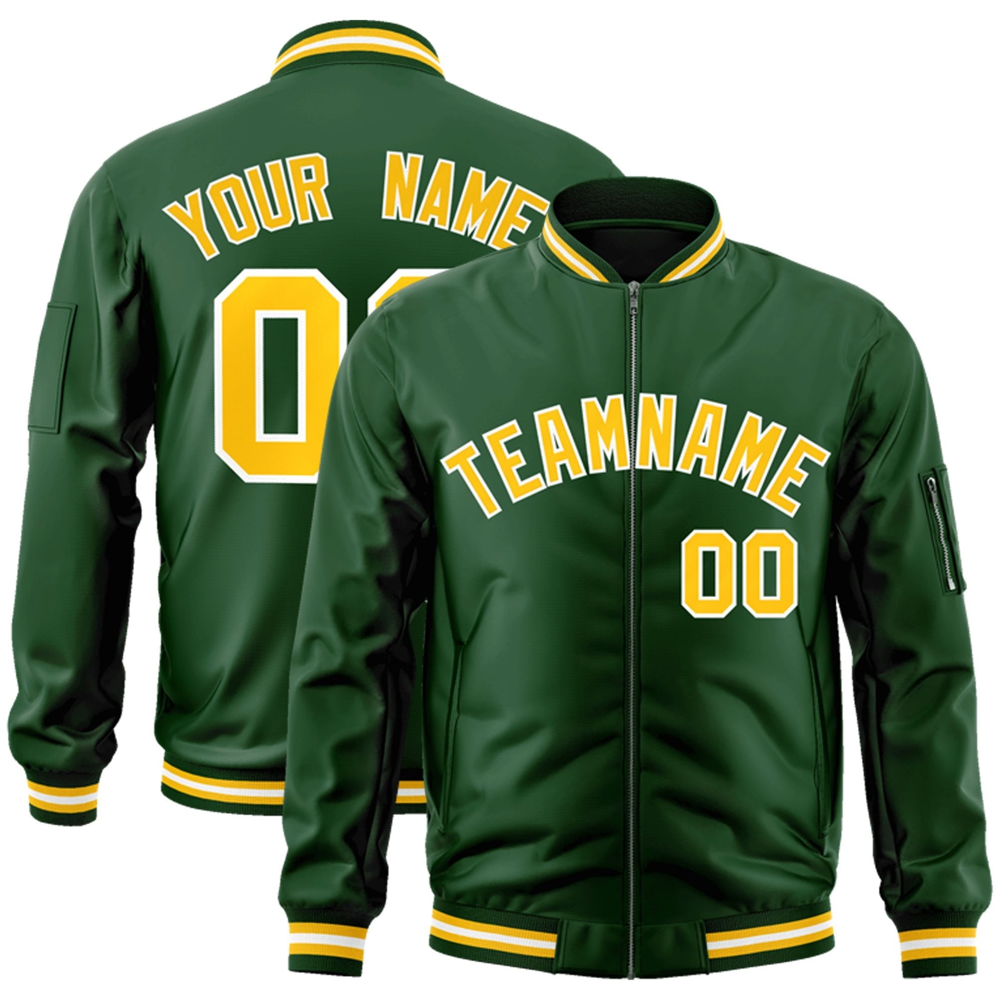 Custom Green Gold-White Varsity Full-Zip Letterman Bomber Jacket