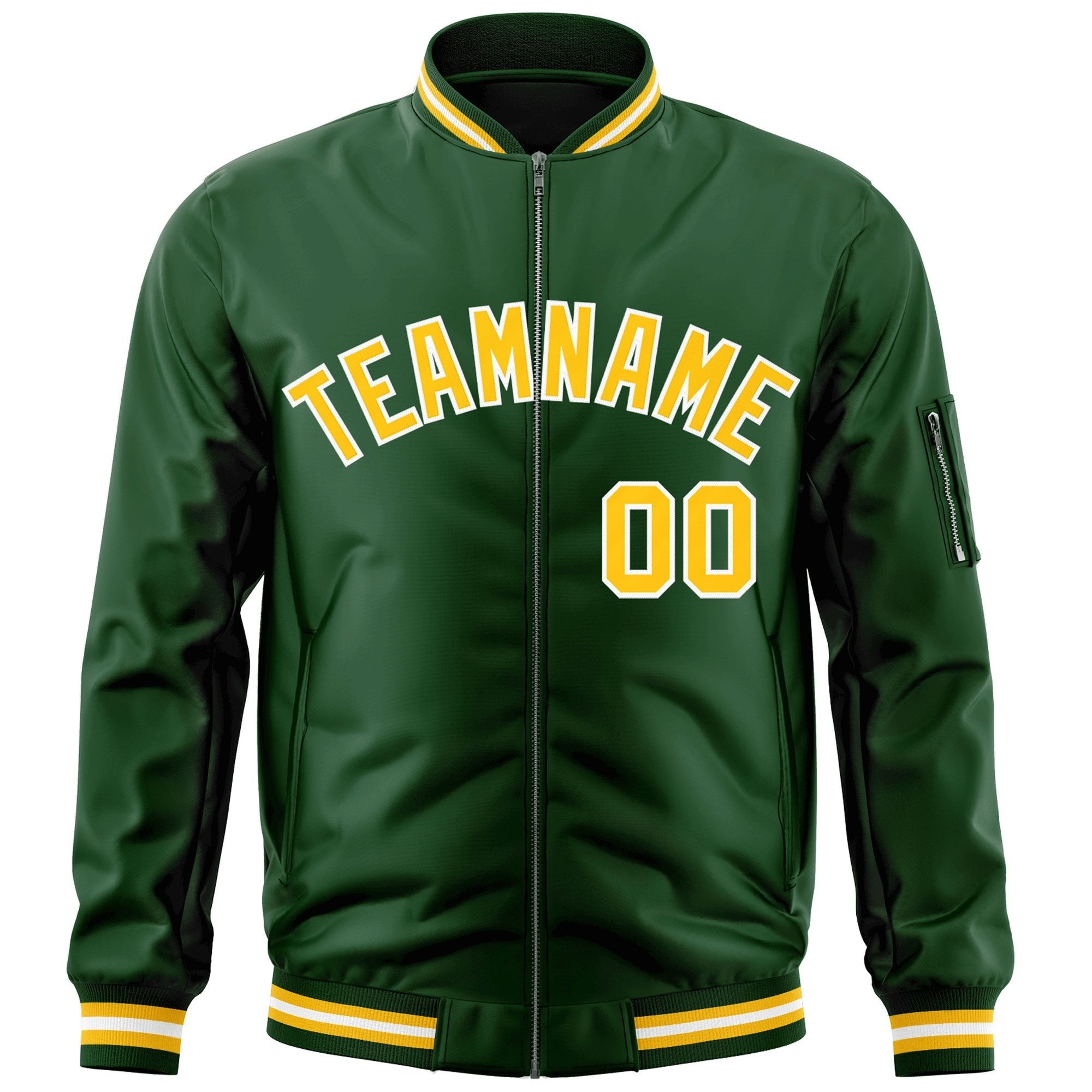 Custom Green Gold-White Varsity Full-Zip Letterman Bomber Jacket