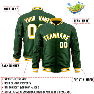 Custom Green White-Gold Varsity Full-Zip Letterman Bomber Jacket