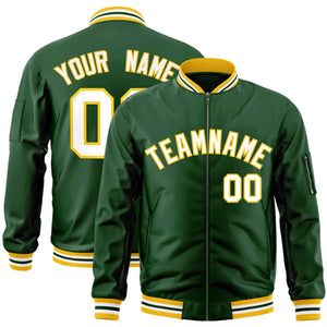 Custom Green White-Gold Varsity Full-Zip Letterman Bomber Jacket