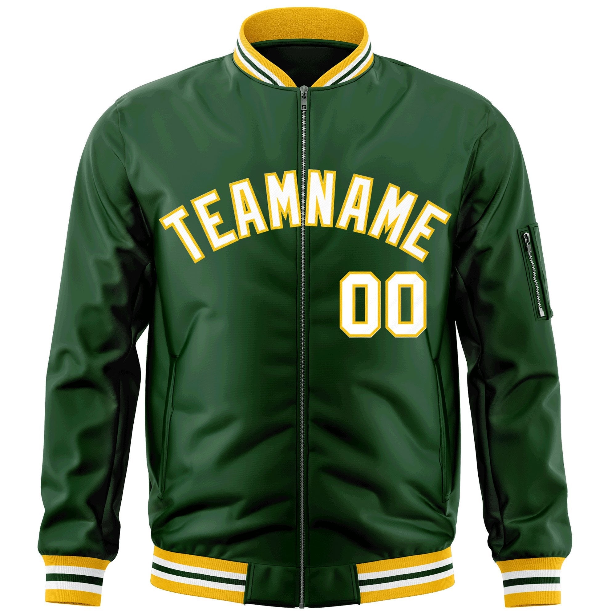 Custom Green White-Gold Varsity Full-Zip Letterman Bomber Jacket